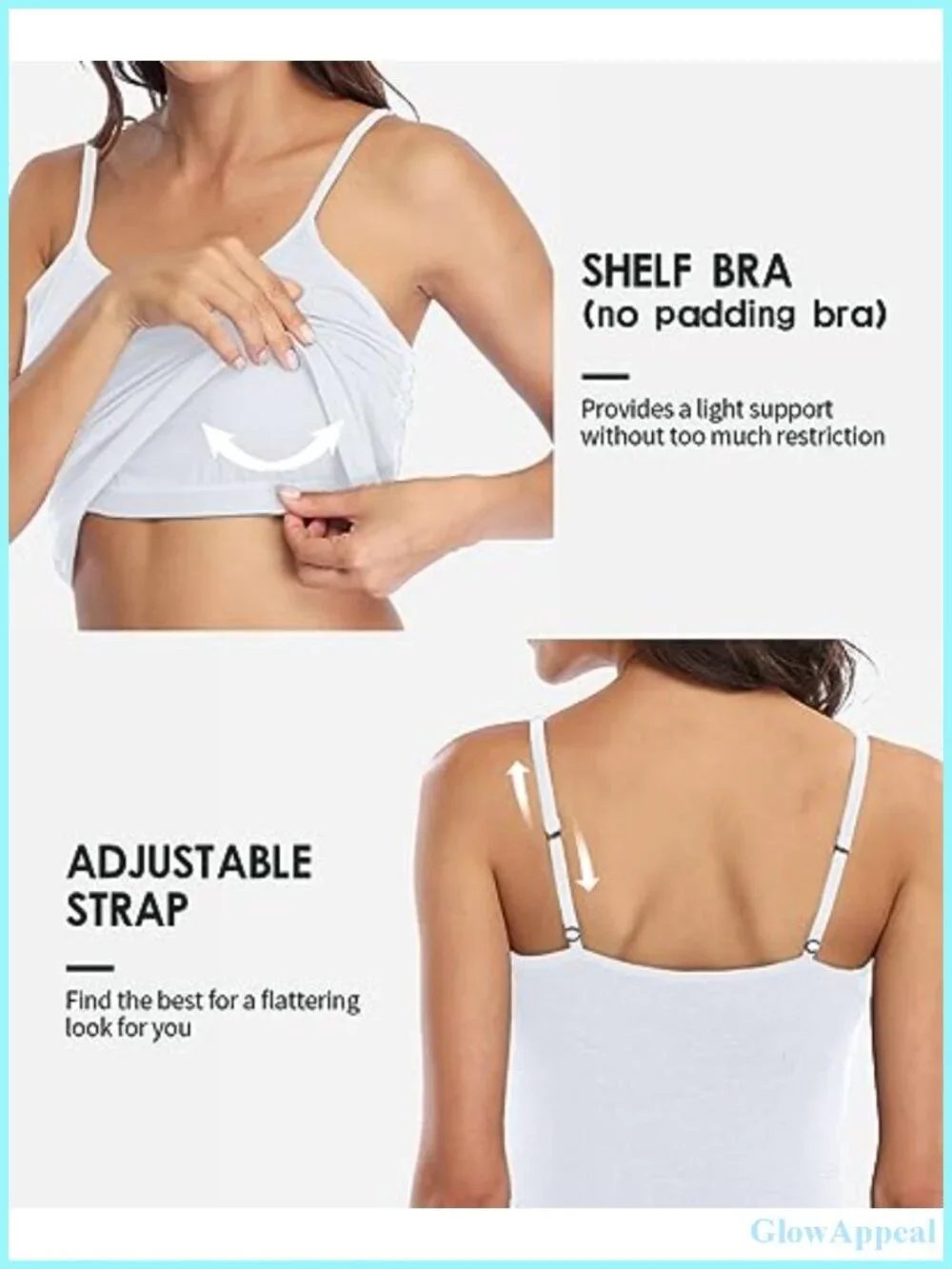Cotton Camisole Tank Top with Shelf Bra - Adjustable Spaghetti Strap Undershirt